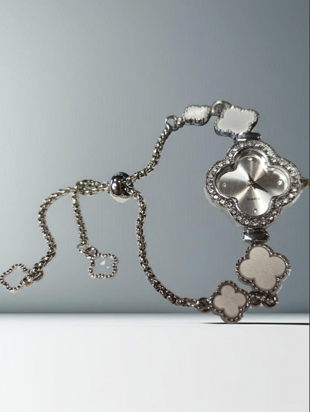 Luxury Clover Silver Chain Zircon Crystal Watch Bracelet
